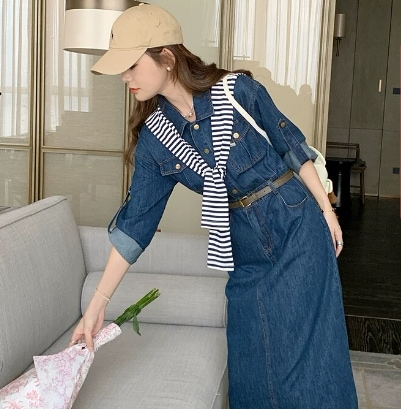 レディース ワンピース デニム ロング 長袖 襟付き シャツカラー ハーフボタン ボタン バックスリット ポケット デニム ブルーデニム かわいい 大人可愛い きれいめ カジュアル 上品 9,071円