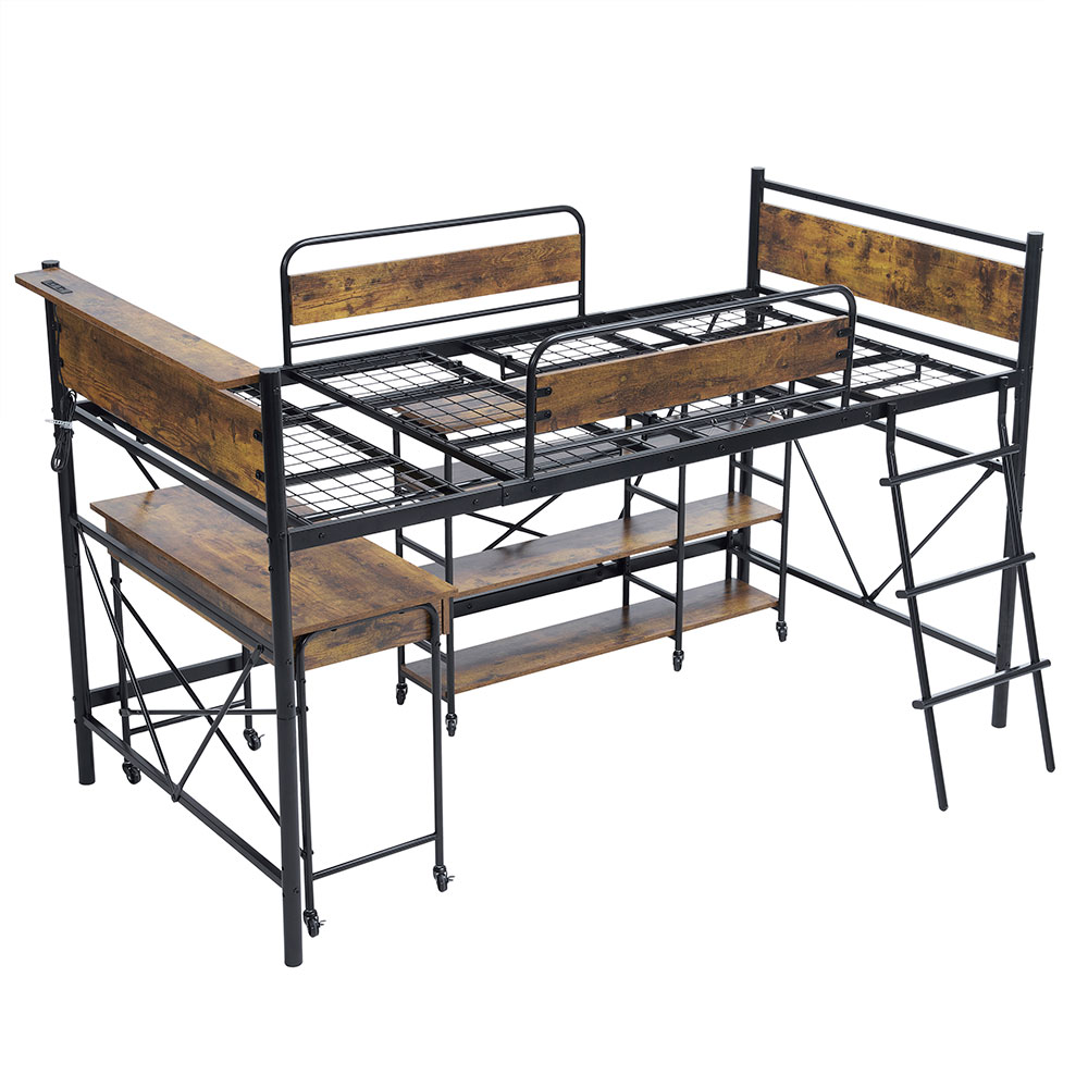 システムベッド ベッド+デスク+ラック 3点セットロフトベッド パイプベッド シングル 耐荷重150kg ロータイプ ミドルタイプ 収納 北欧風 大人 一人暮らし ハンガーポール4本付属スチール 耐震