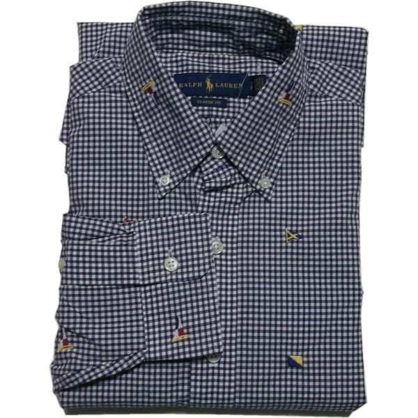 長袖 ギンガムチェック ボタンダウンシャツ 刺繍 ネイビー PR2-1296