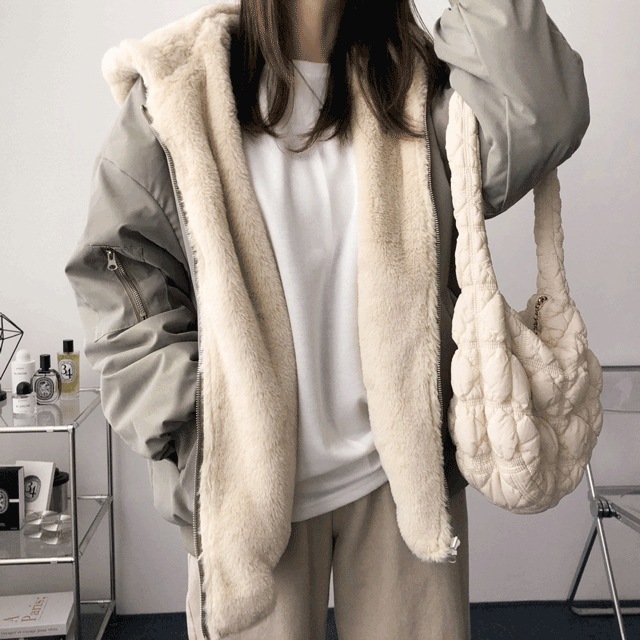 [両面着用~2XL] オーバーフィット リバーシブル ミンク ファー パーカー ジップアップ ジャンパー(3col)