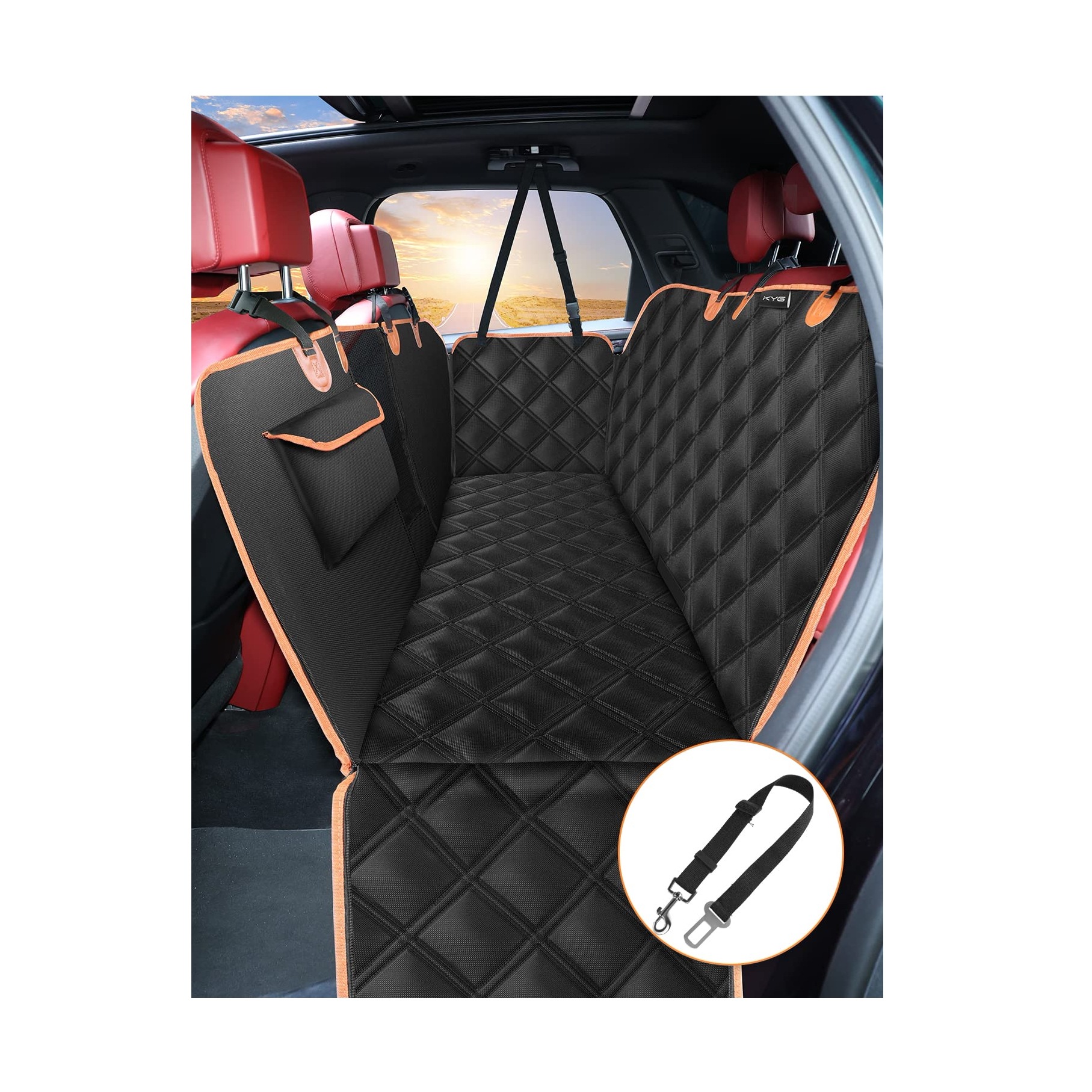 KYG ペット用 ドライブシート 汎用版 全車種 車ペットシート 後部座席 可視メッシュ窓 飛び出し防止リード付き 汚れ防止 防水 耐摩 滑り止め 簡単取り付け 折り畳み式 ブラック 135x45x4