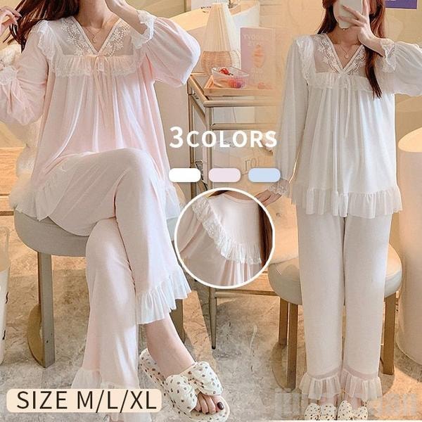 コスパ最高パジャマ レディース 2点セット 長ズボン 長袖 ロングパンツ Vネック セットアップ ルームウェア ナイトウェア プルオーバー 春夏秋冬 レース 綿 コットン 部屋着 寝巻