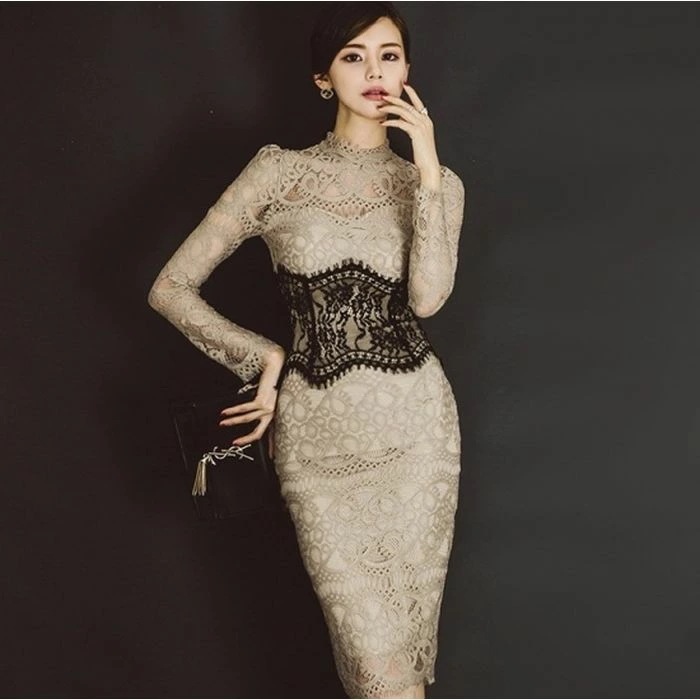 パーティードレス 韓国 ドレス 個性的 ワンピース プチプラ キャバ 膝丈 総レース セクシー タイト ハイネック 長袖 ベージュ 黒 エレガント 大人 キャバドレス 謝恩会 10代 20代 30代