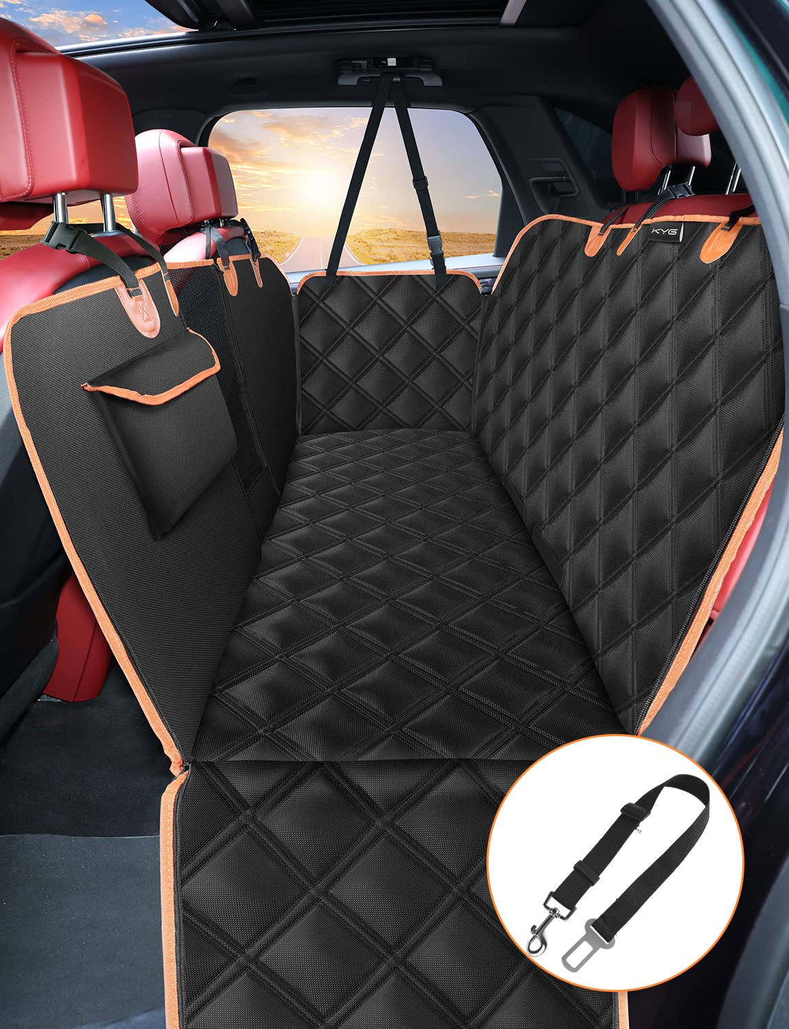 KYG ペット用 ドライブシート 汎用版 全車種 車ペットシート 後部座席 可視メッシュ窓 飛び出し防止リード付き 汚れ防止 防水 耐摩 滑り止め 簡単取り付け 折り畳み式 ブラック 135x45x4