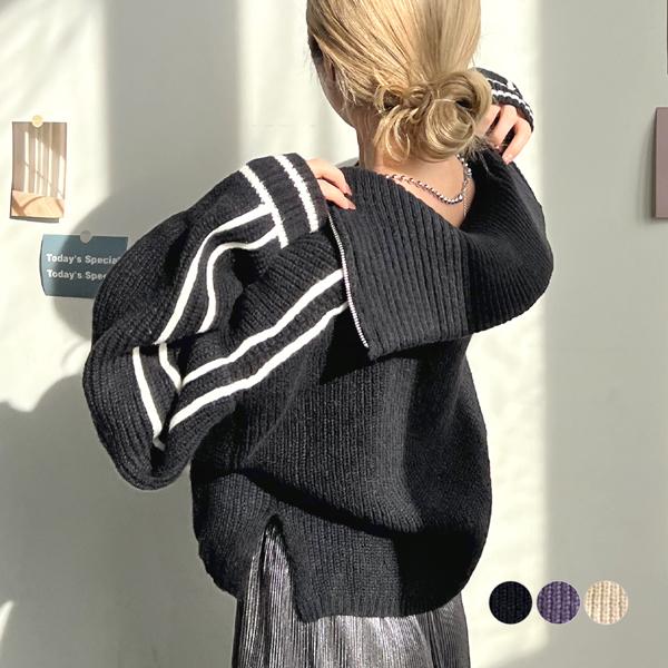 トップス ジップニット プルオーバー レディース 配色 長袖 秋 冬 カジュアル シンプル 防寒 大人可愛い 韓国ファッション / ラインハーフジップニット