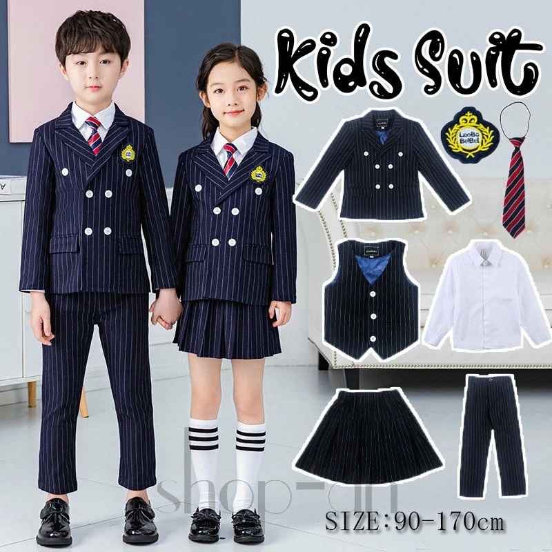 子供服 フォーマル 入学式 フォーマル キッズスーツ 卒業式 子供服 スーツ 男女お揃いスーツ ジュニア 小学生 男の子 女の子 上下セット タキシード しま柄 ベスト付き 小学生 スカート 幼稚園