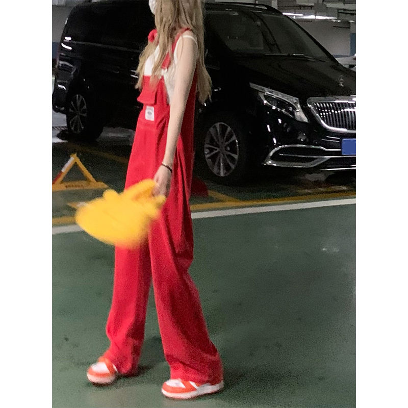 赤いオーバーオール女性ルーススモールアメリカンレトロスリミングハイウエストストレートワイドレッグサスペンダー