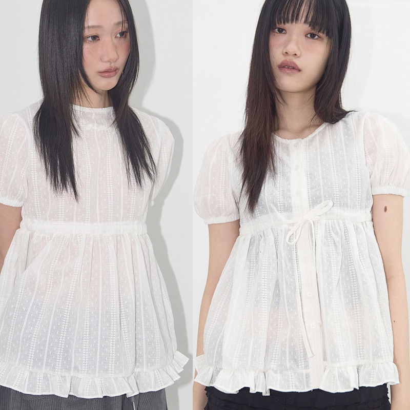 シャーリングパフブラウス（ホワイト） 前後の区別なく着用可能 F25QB115 / Shirring Puff Blouse (White) F25QB115