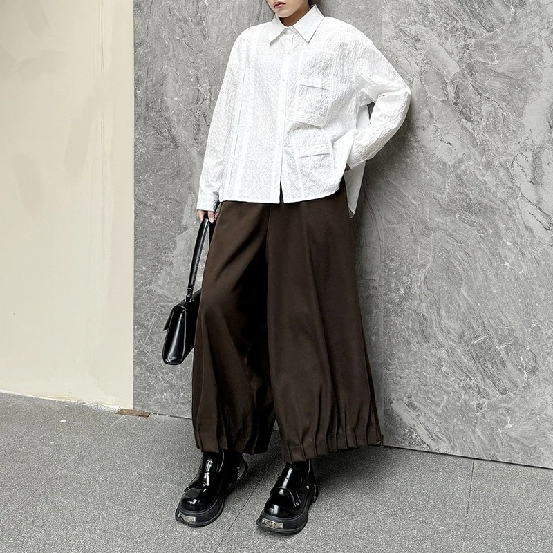 2025秋新品 ロングパンツ プリーツ裾 ワイドパンツ レディース スラックス ゴム ロングパンツ
