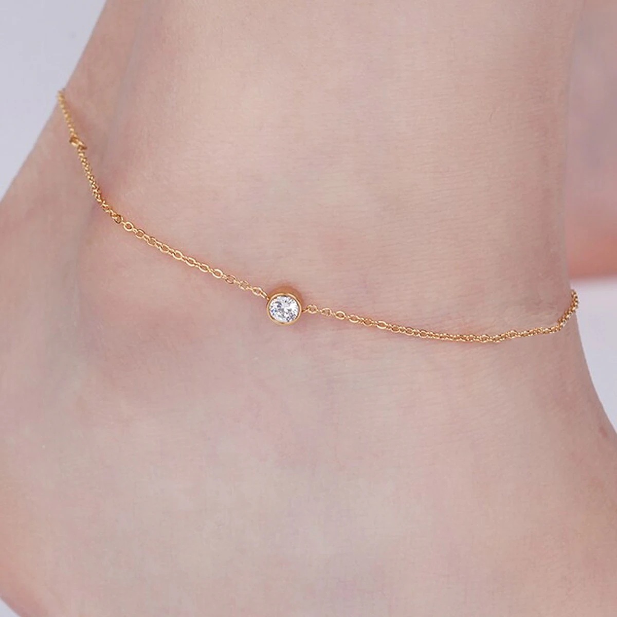 ジルコニアピンクゴールドステンレスアンクレット サージカルステンレス316L シンプル 丸台座 彼女 女性 女の子 レディース メンズ 足首 ペアルック ブレスレット sta00-anb0482