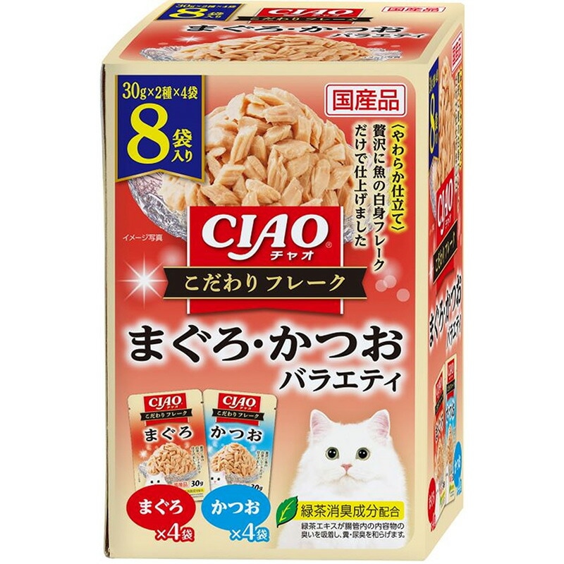 （まとめ買い）CIAO チャオ こだわりフレーク やわらか仕立て まぐろ/かつおバラエティ 30gx8袋 猫用フード [x6]