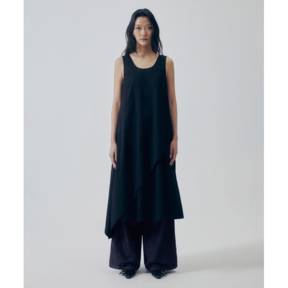 TREEMINGBIRD Layered Asymmetric Draped Dress Black TM2