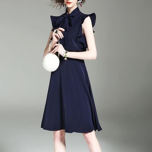 1532.ボウタイフリル袖ドレス（ネイビー） 2019 春夏 sale お呼ばれ 結婚式 披露宴 結婚パーティー パーティー 女子会 レストラン 食事会