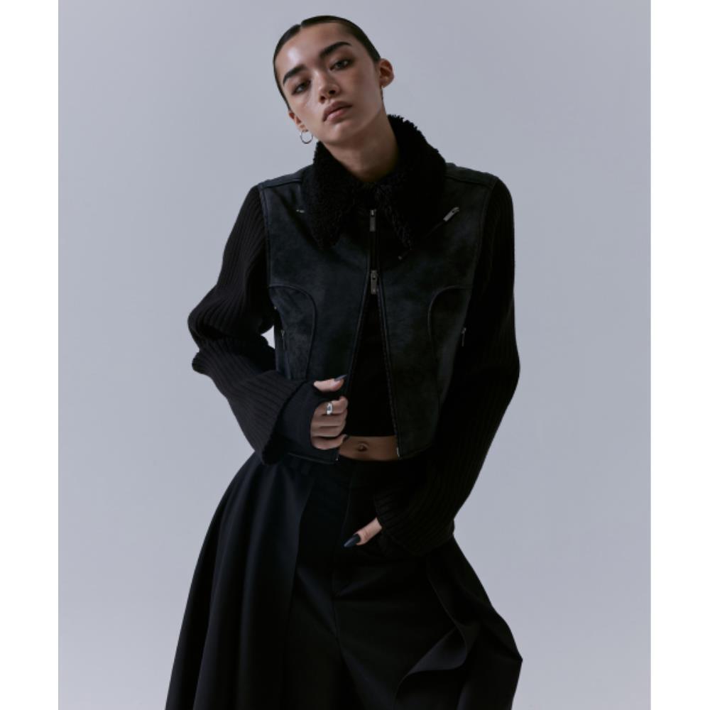 TREEMINGBIRD 2way Collar Knit Sleeve Crack Leather Jacke