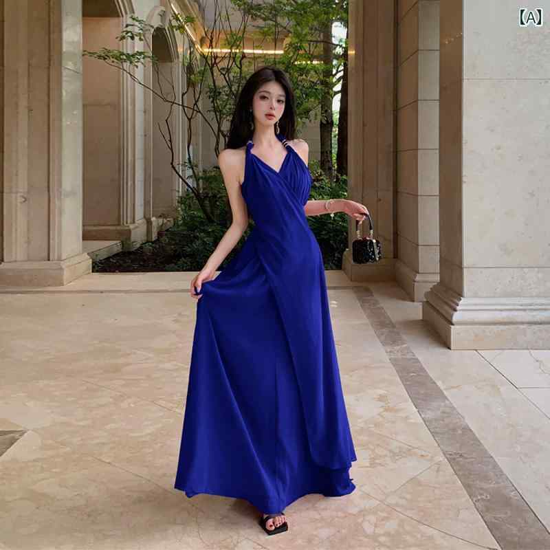 リゾート ワンピース マキシ丈 レディース フランス 赤い Vネック サスペンダー ドレス 女性 ホルター ネック ロング ドレス きれいめ おしゃれ
