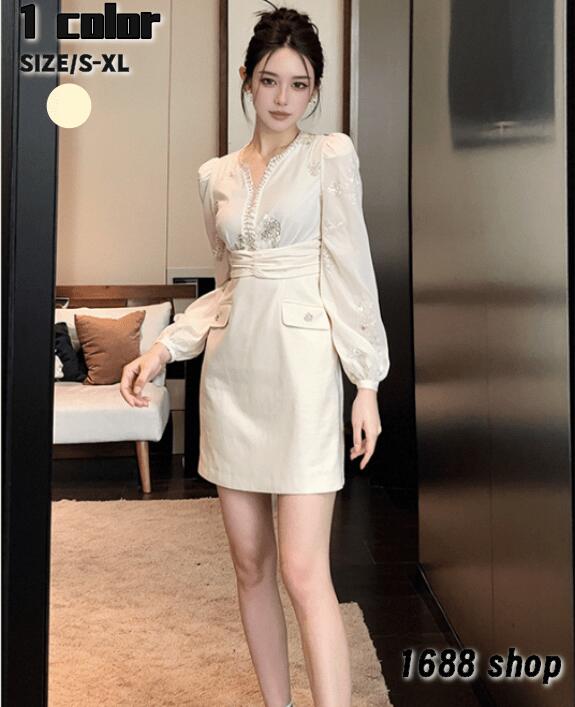 超人気,大特価 2025 タイトワンピース 姫系ワンピース　シンプル　ワンピース インポート ひざ丈 ミドル丈 エレガント　韓国ファッション シンプル Vネック パーティドレス 長袖　お嬢様 セクシー
