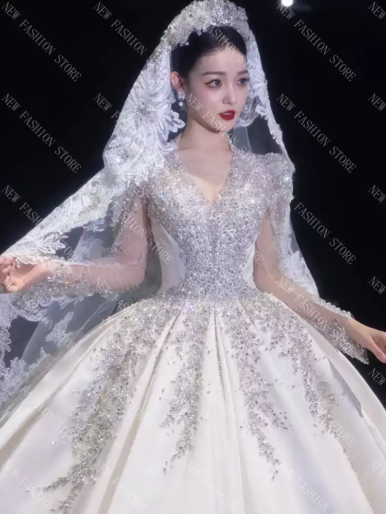 ウエディングドレス新型長袖フレンチレトロドレスワンピース-65