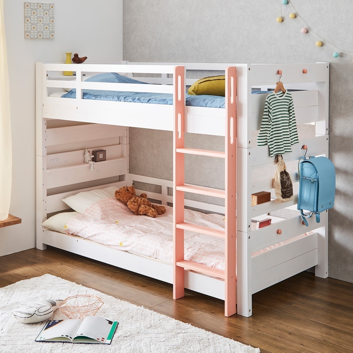 2段ベッド 二段ベッド 子供ベッド 子供用 大人用 ベッド シングル キング 連結ベッド はしご すのこ 木製 天然木 パイン材 おしゃれ 子供部屋 ハンガーフック付 コンセント付 耐荷重900kg 44,940円