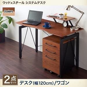 異素材デザインシステムデスクシリーズ　[Ebel]エーベル　2点セットA（デスク＋ワゴン）　ウォールナット　オフィスデスク/パソコンデスク