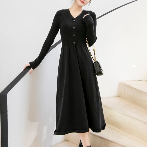 レディース ワンピース ロングワンピース ニットワンピース ミモレ丈ワンピース ミモレ丈 Vネック