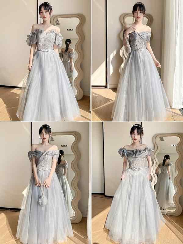 【送料無料】ブライズメイドドレス お揃いドレス ワンピース 発表会 ロング オフショルダー チュール 通気性 キラキラ おしゃれ 大きいサイズ グレー