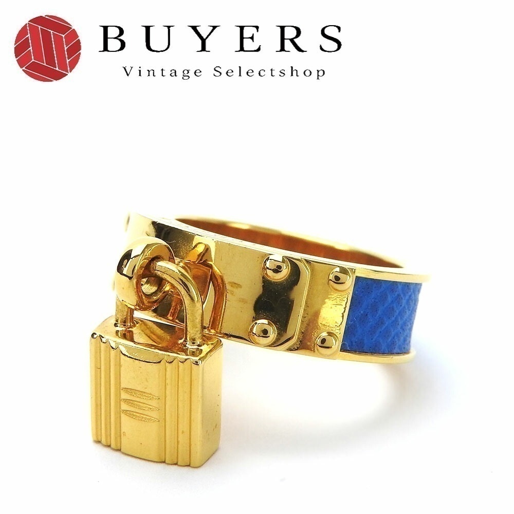 中古 エルメス スカーフリング ケリー カデナ モチーフ メッキ GP レザー ゴールド ブルー アクセサリー ジュエリー 小物 レディース 女性 hermes scarfring accessori