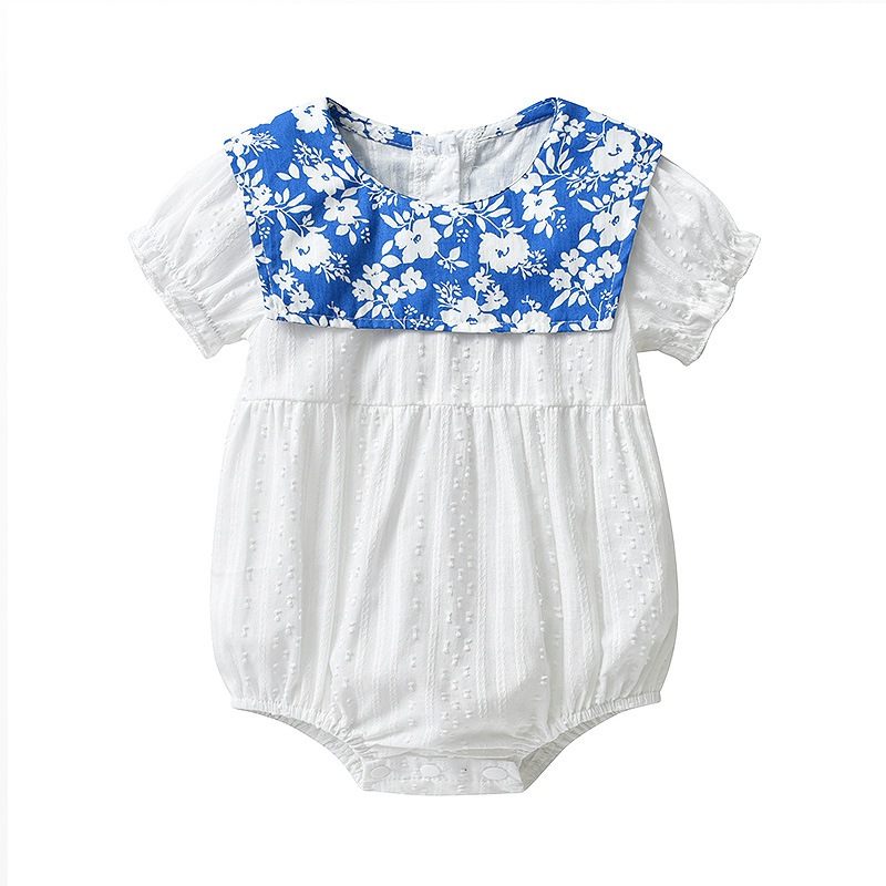 メイルオーダー 女の子の青と白の磁器プリント夏の半袖ロンパース女の子の赤ちゃんの白い綿さわやかなロンパース 種類豊富な品揃え