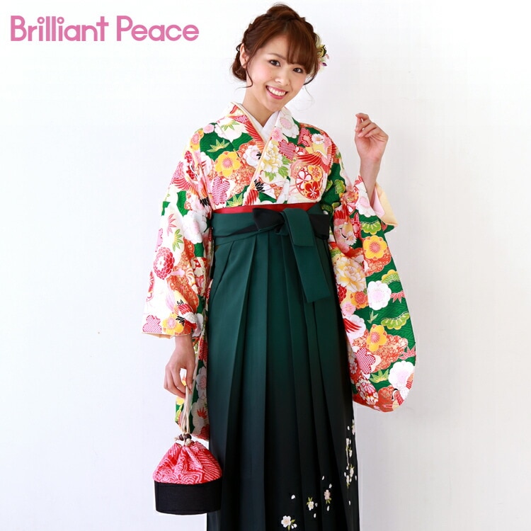 レンタル卒業式 袴 レンタル 女 袴セット 女 ブリリアントピースオリジナル BP 卒業式袴セット2尺袖着物＆袴 フルセットレンタル 安い 緑地に雲取り松竹梅 袴 刺繍ぼかしグリーン 桜 牡丹