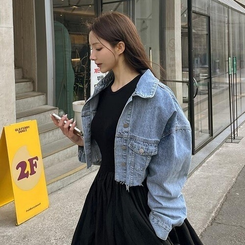 アウター ジャケット 上着 羽織り ジャンパー Gジャン ショート ショート丈 袖あり 長袖 襟付き ワイド ダメージ ウォッシュ ポケット 前開き デニム ブルーデニム シンプル カジュアル