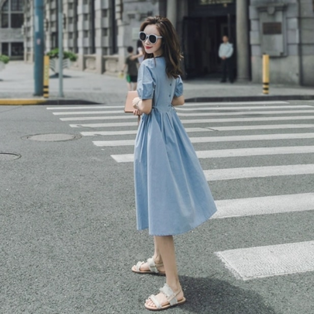 ワンピース ミディアム丈 袖あり 半袖 ラウンドネック パフスリーブ 襟なし リネン 大人可愛い シンプル 上品 おしゃれ 大人女子 こなれ感 ラフ ルーズ とろみ感 抜け感 無地 マタニティ 女の子