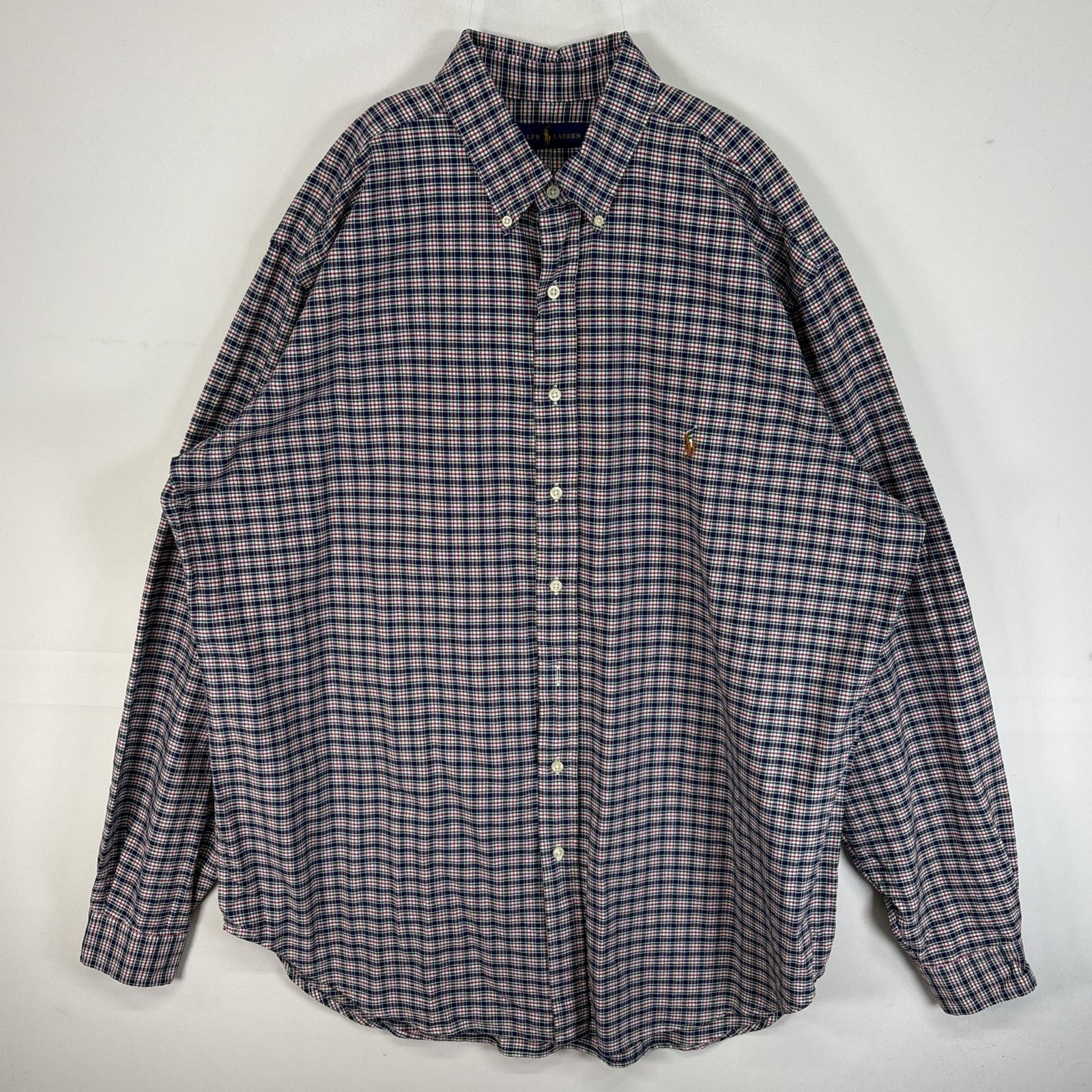 古着 長袖シャツ ロゴ 刺繍 チェック 大きいサイズ 肉厚 XL ネイビー マルチカラー メンズ 5,500円