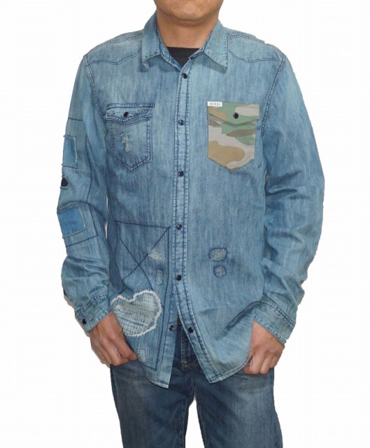 ウエスタンシャツ デニム地 ダメージリペア メンズ 春物 秋物 長袖シャツ デニムシャツ
