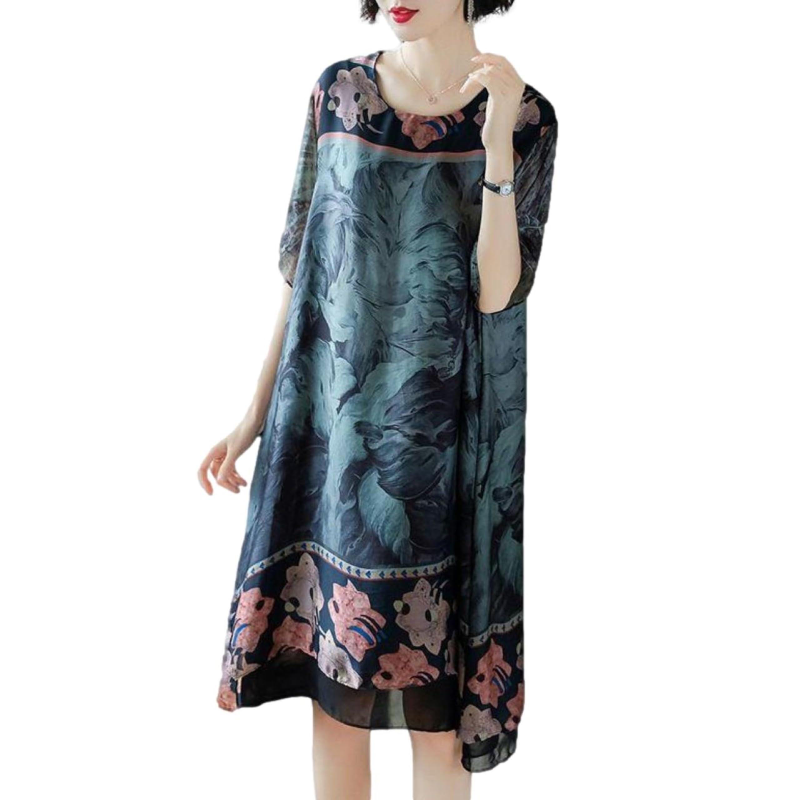 [blue beryl] [ブルーベリル] ワンピース レディース Aライン 膝丈 ボタニカル柄 シフォン 五分袖 裏地有 シルク調 ゆったり グリーン BB004-GR-3XL