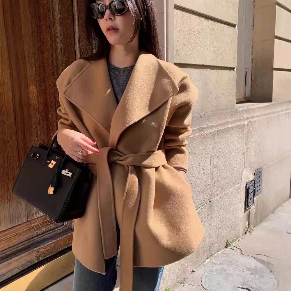 秋冬アウターおしゃれアウターベルト付きゆるロングチェスターコート ても厚い 韓国ファッション/セミロング コート