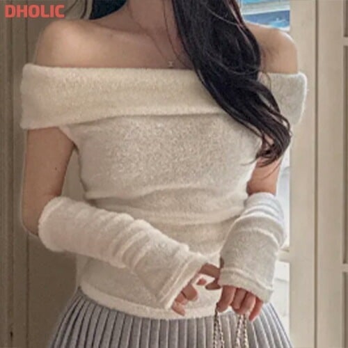 アームウォーマー付オフショルブークレニットノースリーブ