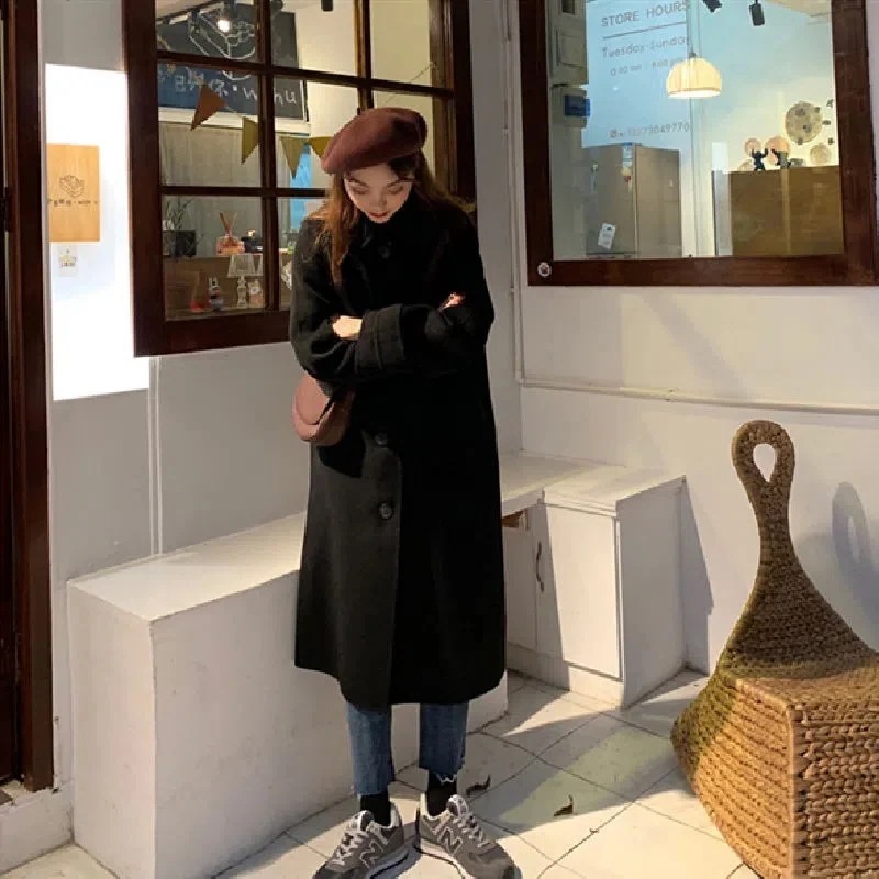 の入荷チェスターコートレディース秋冬40チェスターコート黒ロング丈ラシャコート厚オーバーゆったりアウター通勤着痩せオシャレ韓国風大人