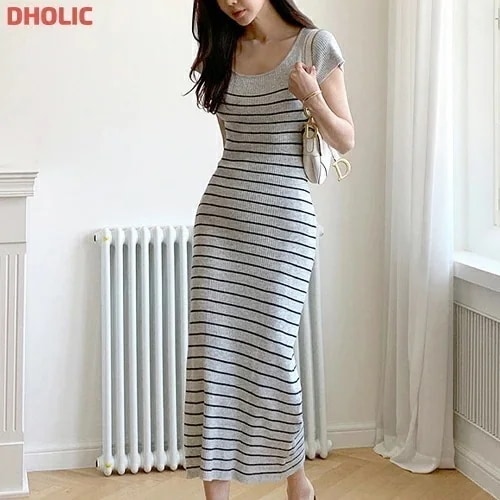 ボーダー半袖ニットワンピース