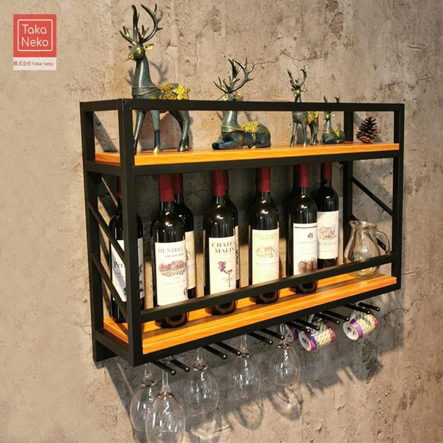 ワインラック ワイングラスホルダー 家の装飾吊り下げ収納のキッチンワインラックの 壁に取り付けられたフローティングシェルフブラケット木材金属ディス