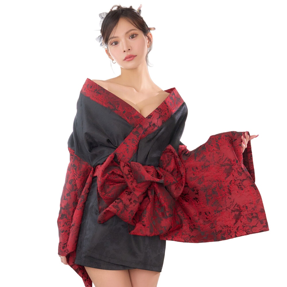 【高級ライン】【2点セット】バイカラー 花柄 和柄 オフショル ミニ 豪華 帯 リボン 花魁 着物 ドレス コスプレ イベント ハロウィン [1542]