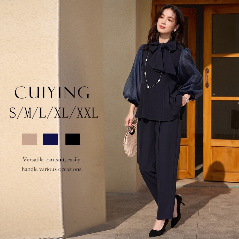 エレガントなスリム韓国ランタンスリーブスプライシングトップスヒューパンツツーピーススーツスーツ