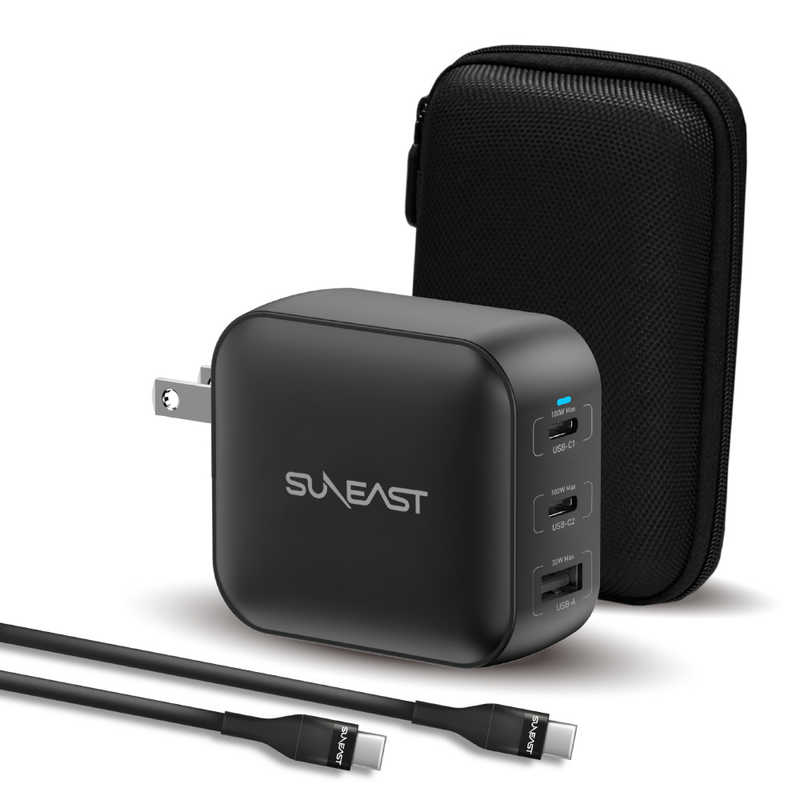 SUNEAST　USB急速充電器 100w シリコンケーブルPD対応100W(2m付) 収納ポーチ付 ブラック　SE-AC100DC001BKF