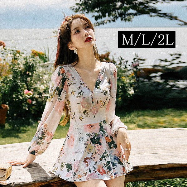 限定モデルワンピース 水着 レディース 体型カバー 長袖 Vネック パフスリーブ レディース オールインワン ママ水着 みずぎ オトナ女子 セクシー ミズギ フ大きいサイズ ショートパンツ ぽっちゃり