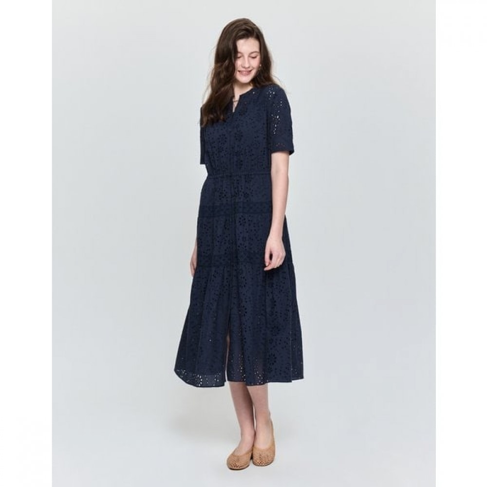 [25SS] ラウンドネックアイレットティアード半袖ワンピースネイビー HSDR5B305N2