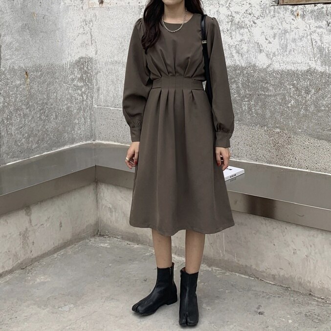 レディース ワンピース ロングワンピース 膝下 ミモレ ミモレ丈 ラウンドネック ボリューム袖 長そ