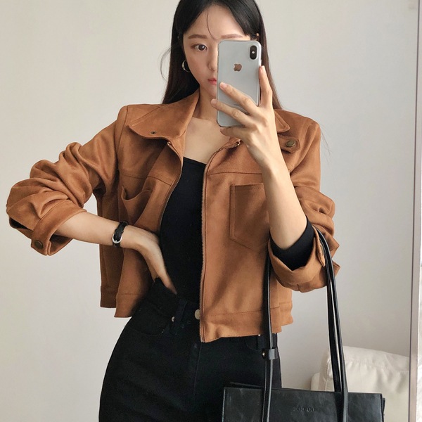 韓国ファッション ハイネック ボタン ブルゾン スエード ジップアップ ショート ジャケット