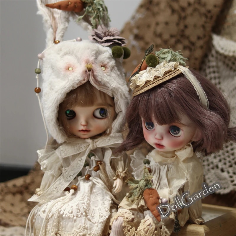 BJD ブライス服 ドール服 『大根』双子衣装セット ハンドメイド パンツ/ワンピース ドール用衣装セット 兎帽子/麦わら帽子 blytheサイズ人形用 ブライスアウトフィット