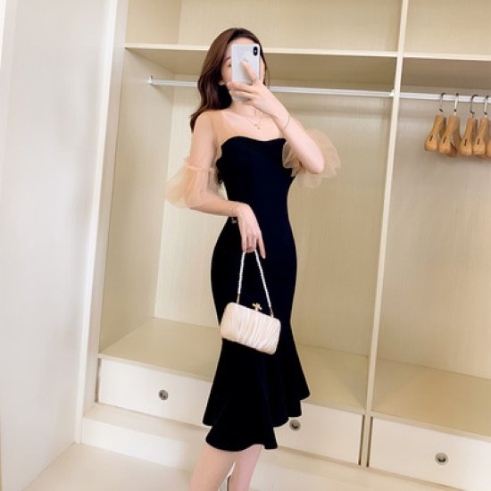 【取寄：納期2週間】パーティードレス レディース 演奏会ドレス 結婚式ドレス ワンピースドレス フィッシュテール マーメイドシルエット メッシュ シースルー フレアスリーブ ハイウエスト お呼ばれ