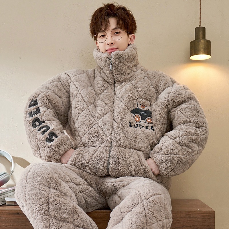 パジャマ男性秋冬珊瑚絨毯三層綿挟み厚手加絨青少年ファスナースタンドカラールームウェアセット