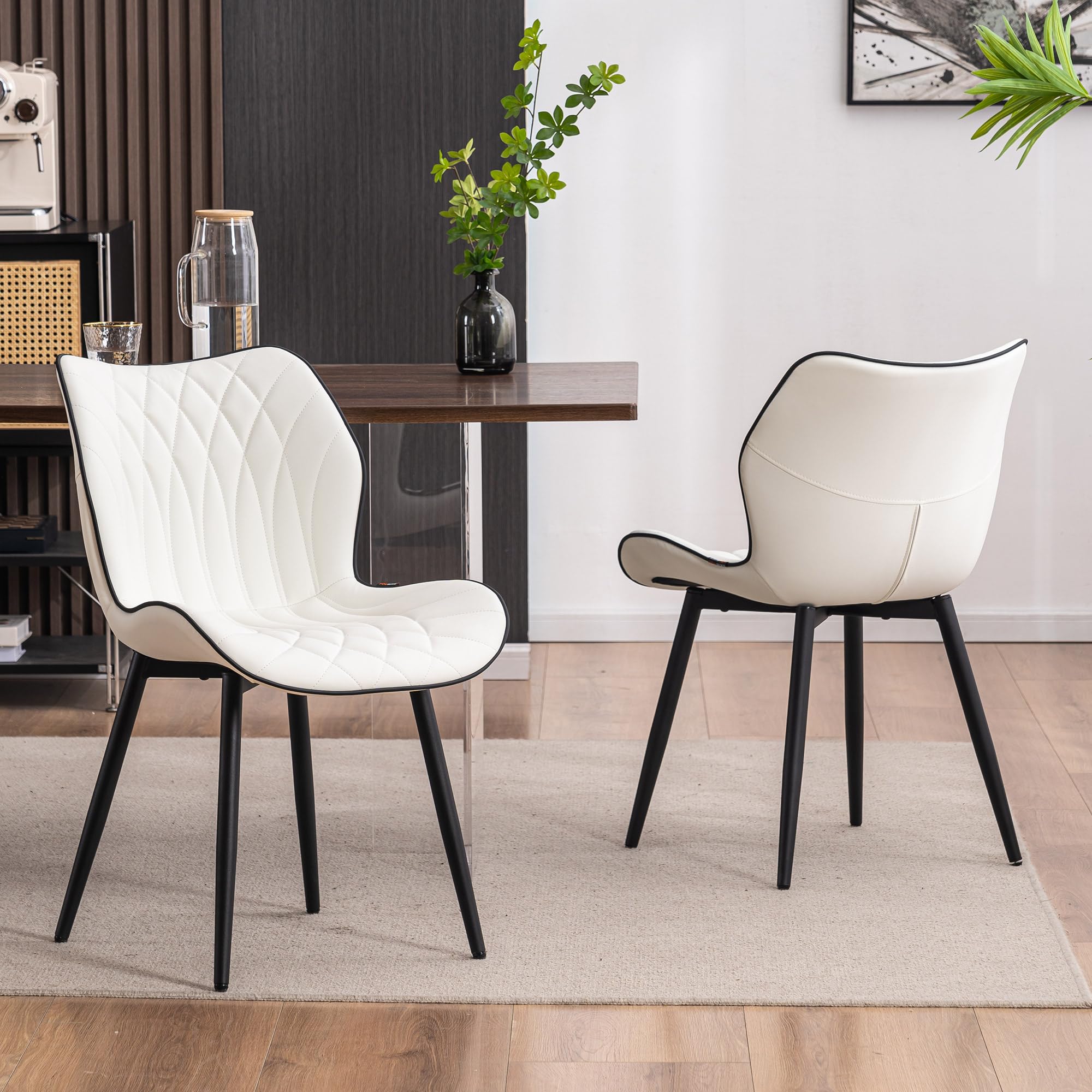 ホワイトダイニングチェア 2脚セット おしゃれ 椅子 レザー 背もたれ付きリビングチェア 北欧 食卓椅子 柔らかい 椅子 ダイニング 低め PU布張りリビングチェア デザイナーズチ 37662
