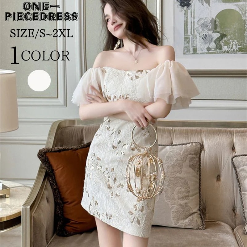 ワンピスドレス　オフショルダーレースドレス　タイトフィットドレス　パーティードレス　ミニ丈ワンピース　フォーマル　フリル袖　半袖　姫系　セクシー上品 大人 きれいめ キャバ嬢　お水　結婚式 20代 3